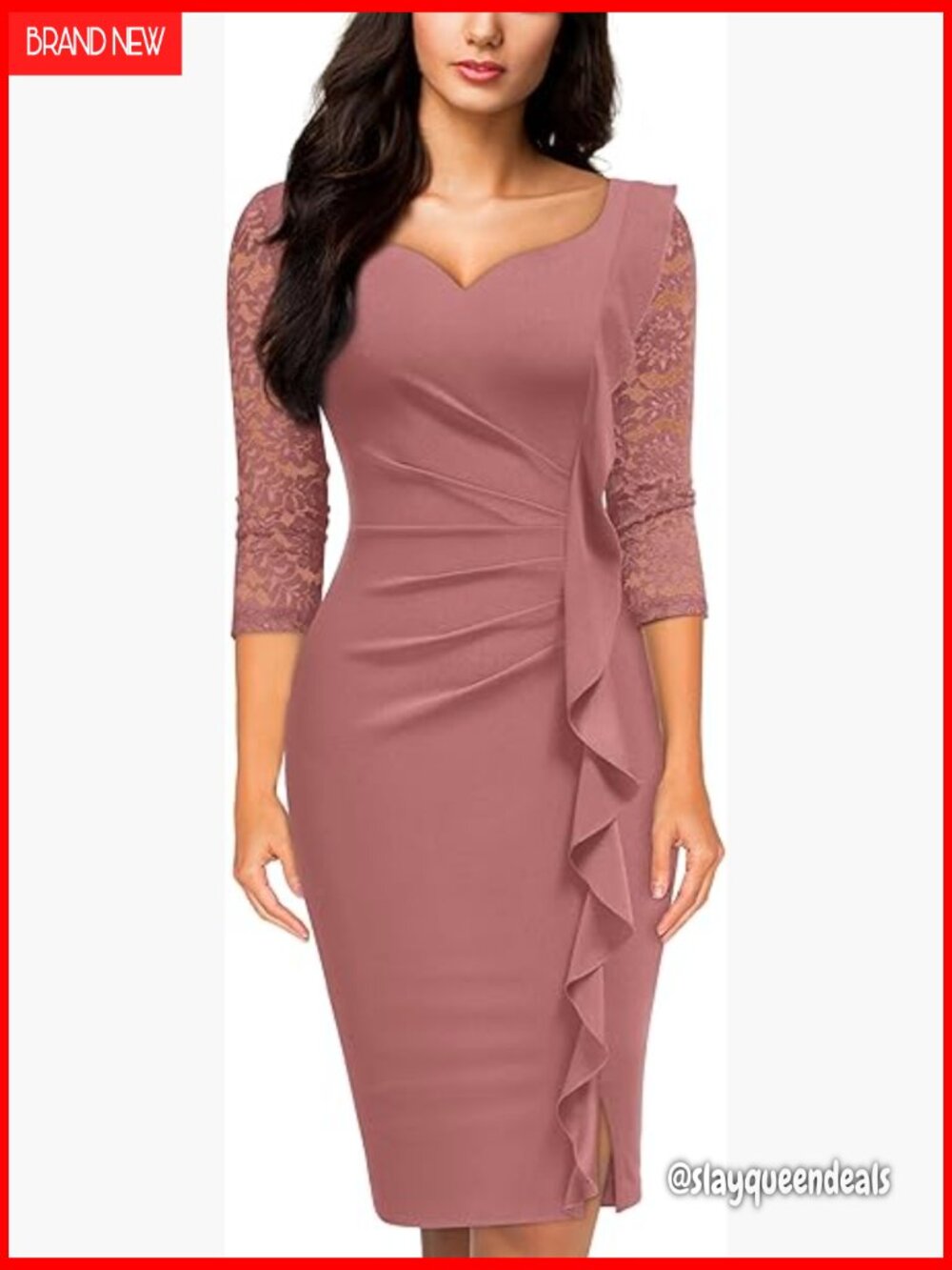 Women's V-Neck Floral Lace 3/4 Sleeve Cocktail Party Dress Ruched Waist
